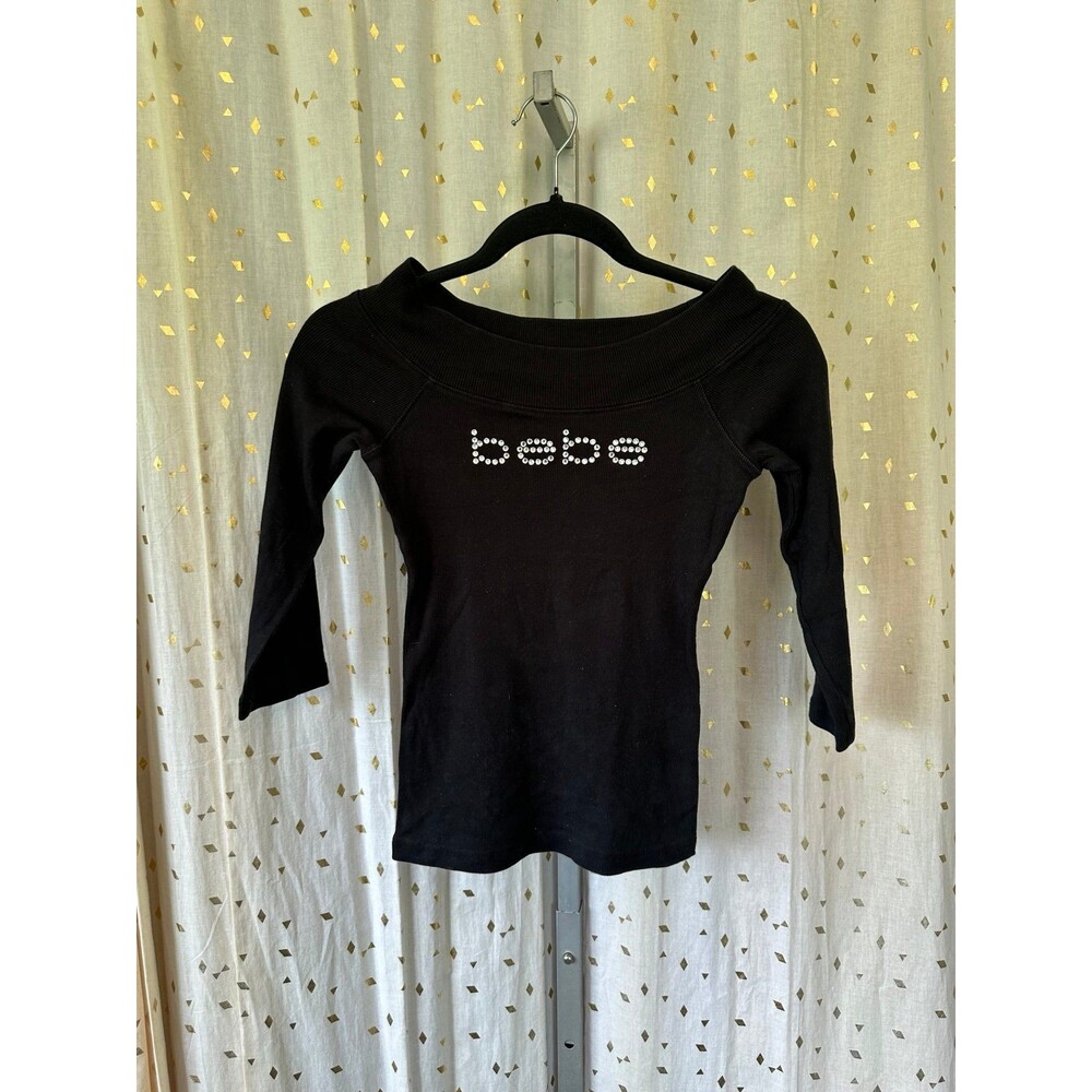 Bebe Y2K Women's Signature Swarovski Crystals Logo Ribbed Scoop Neck Top M